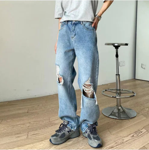 Light Blue Ripped Denim Jeans for Men