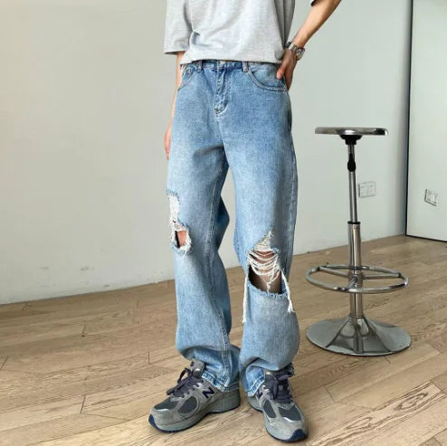 Light Blue Ripped Denim Jeans for Men