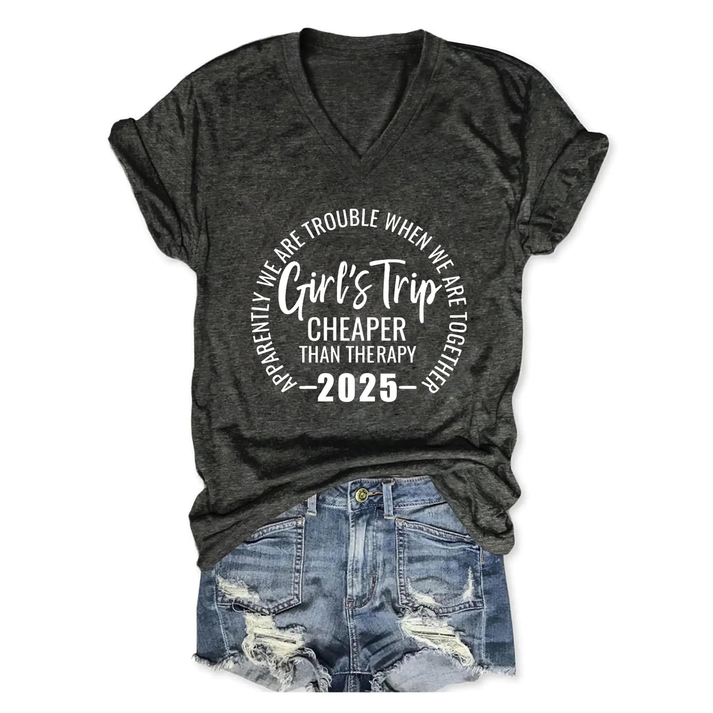 Girls Trip T Shirts for Women 2025 Funny Graphic V Neck Tshirt Casual Short Sleeve Tees Tops Soft Cotton T-Shirts Dark Grey S