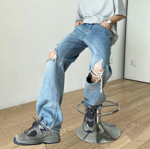 Light Blue Ripped Denim Jeans for Men