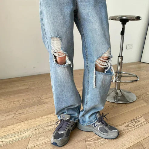 Light Blue Ripped Denim Jeans for Men
