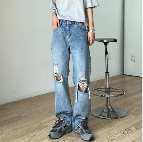 Light Blue Ripped Denim Jeans for Men