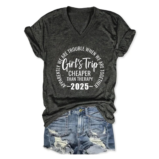 Girls Trip T Shirts for Women 2025 Funny Graphic V Neck Tshirt Casual Short Sleeve Tees Tops Soft Cotton T-Shirts Dark Grey S