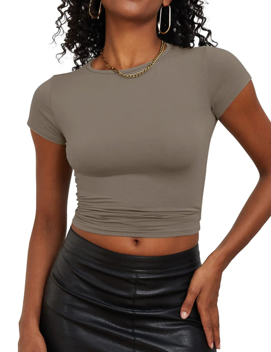 LOMON Short Sleeve T Shirts for Women Trendy Going Out Top Y2K Crop Tops for Women Trendy Gym Shirts Woman Tight Shirts